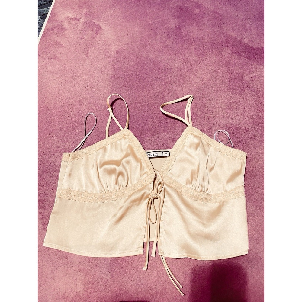 2 Bella Yellow Satin Short Cropped Tank Top Front Tie Size S/M Coquette Bohemian - Picture 9 of 12